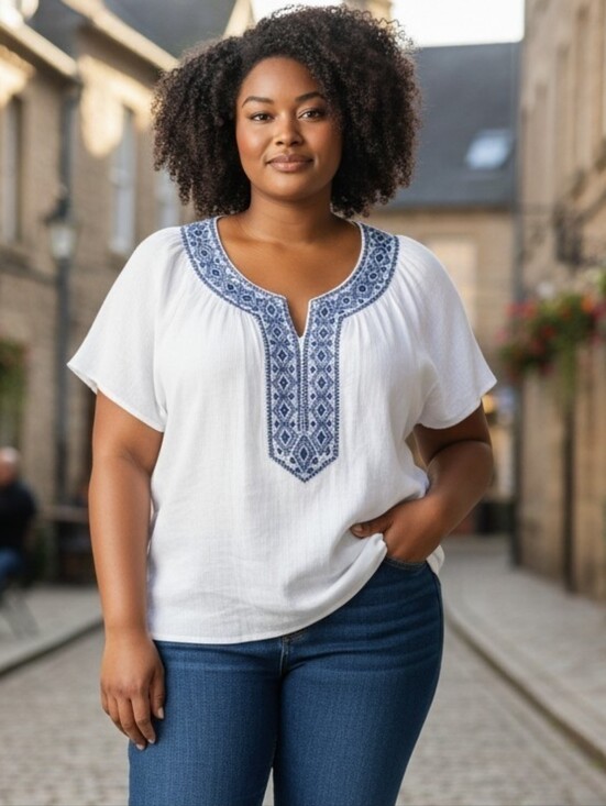 Charter Club Tops - Charter Club White Tunic with Blue Embroidered Yoke